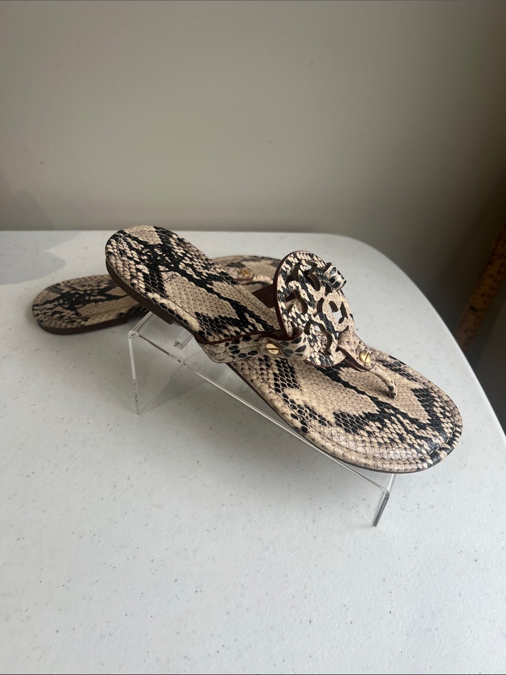 Tory Burch Snake Print Miller Thong Sandals in Beige and Black - Picture 4 of 12
